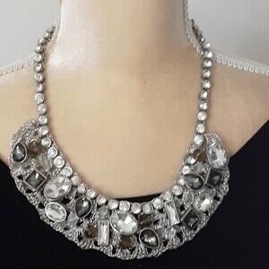 Chico’s Silver Tone Mesh Collar Necklace Major Bling Clear Gray Faceted Crystals
